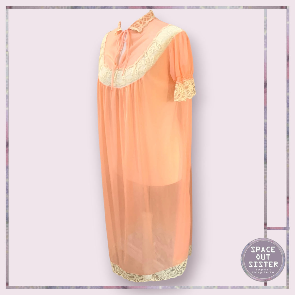 Vintage Lace Sleeve Peach Nightdress Bust 44”