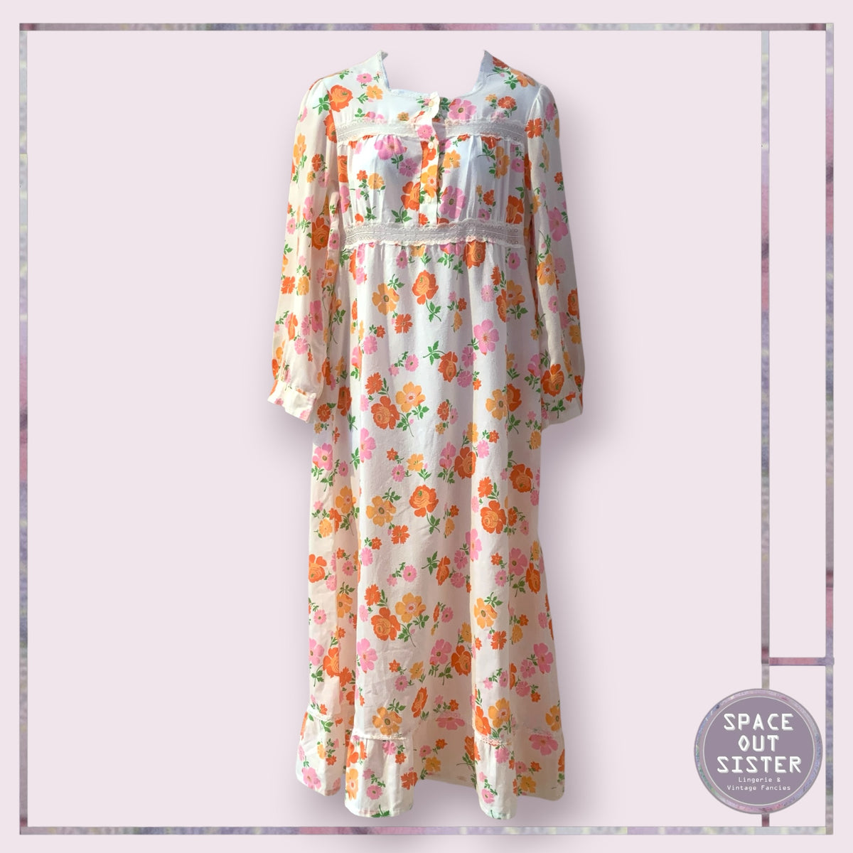 Vintage Orange & Pink Floral Nightdress Bust 34”