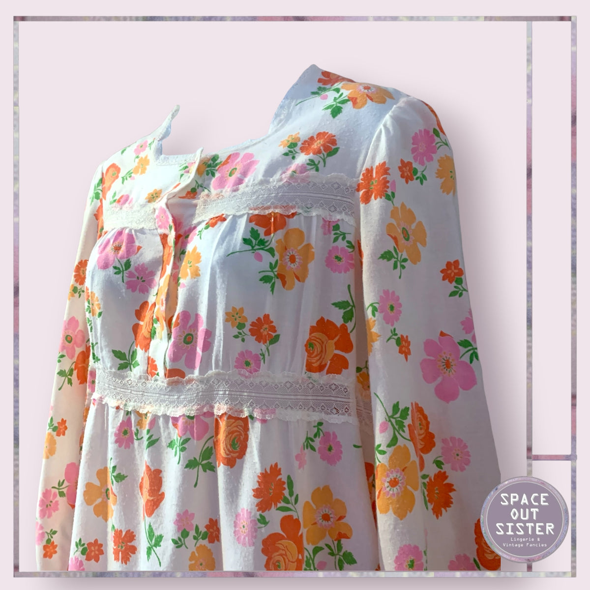 Vintage Orange & Pink Floral Nightdress Bust 34”