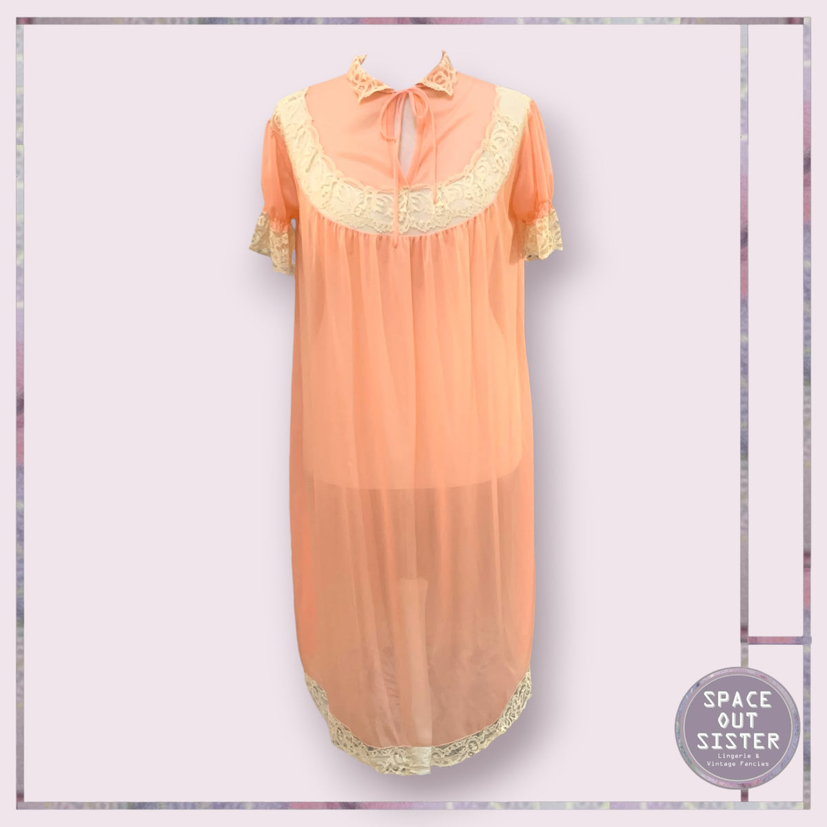 Vintage Lace Sleeve Peach Nightdress Bust 44”