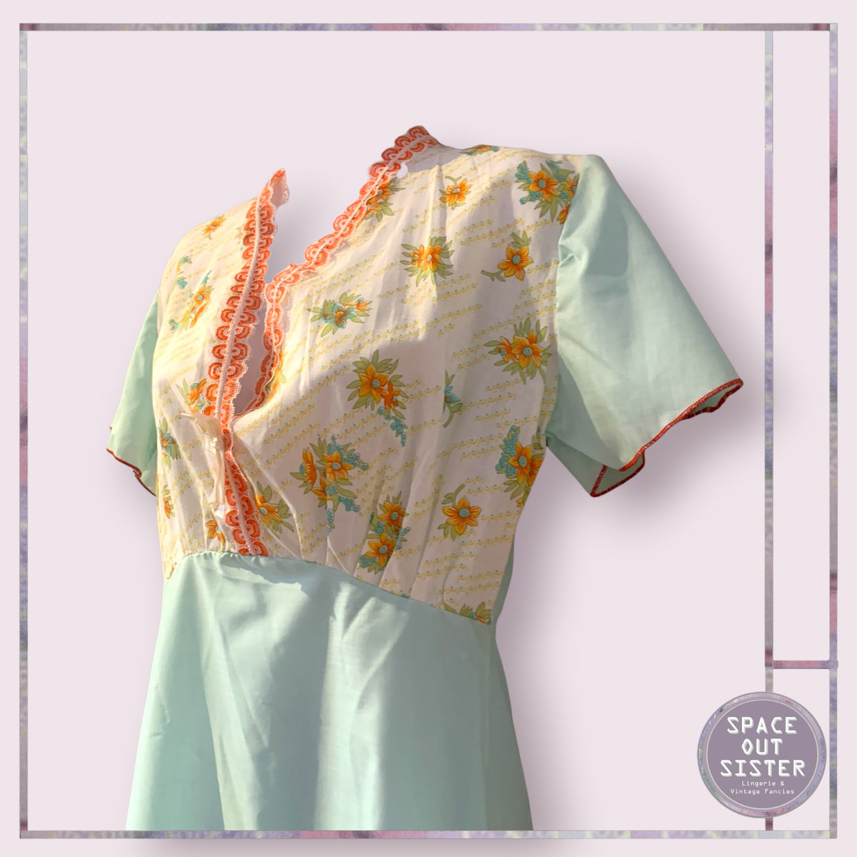Vintage Mint Green With Orange Nightdress Bust 34”