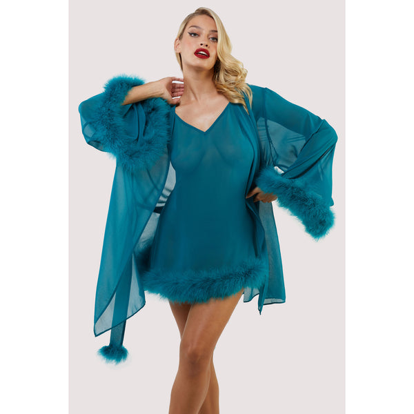 New Bettie Page Teal Feather Trim Robe