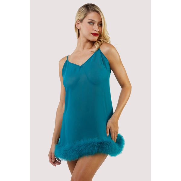 New Bettie Page Teal Feather Trim Babydoll