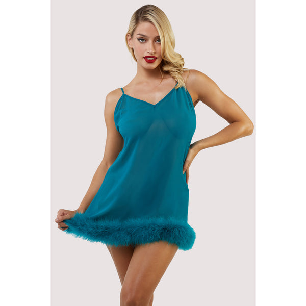 New Bettie Page Teal Feather Trim Babydoll