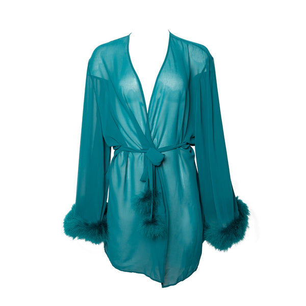 New Bettie Page Teal Feather Trim Robe