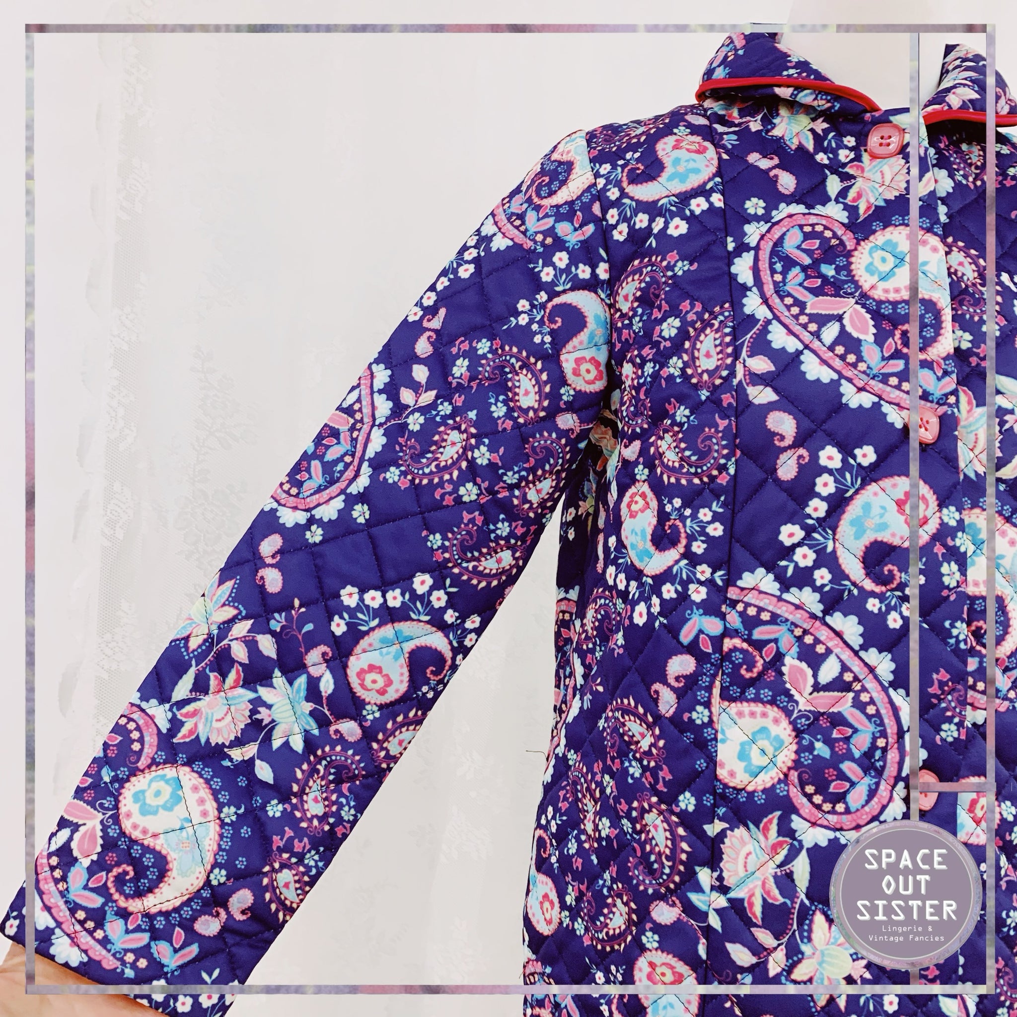 Vintage Quilted Navy Pink Paisley Robe