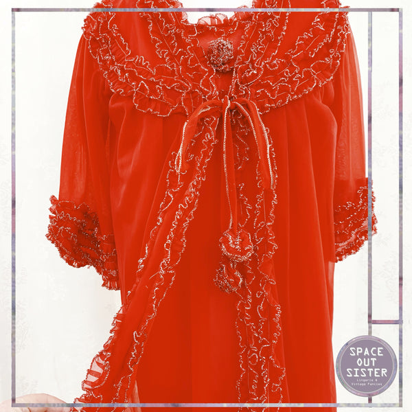 Circa 1960s Vintage Lipstick Red Short Peignoir Set