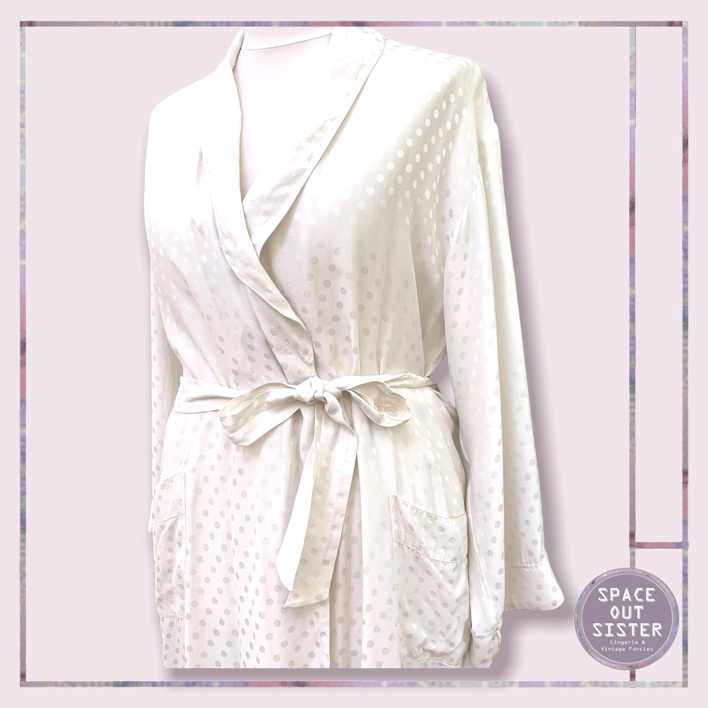 Polka Dot White Pure Silk Dressing Gown