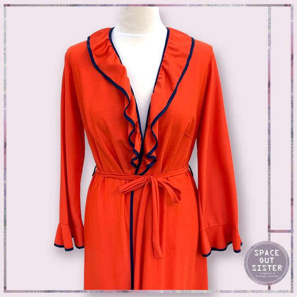 Circa 1970s Red Navy Ruffle Robe