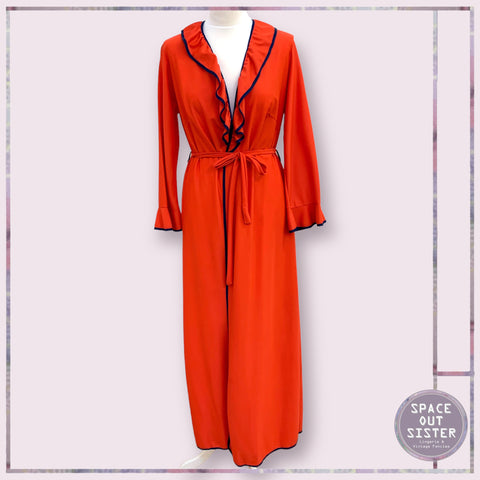 Circa 1970s Red Navy Ruffle Robe