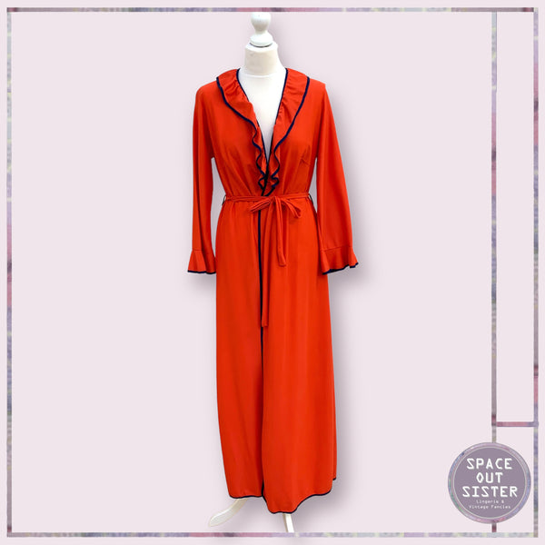 Circa 1970s Red Navy Ruffle Robe