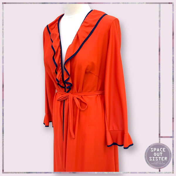 Circa 1970s Red Navy Ruffle Robe