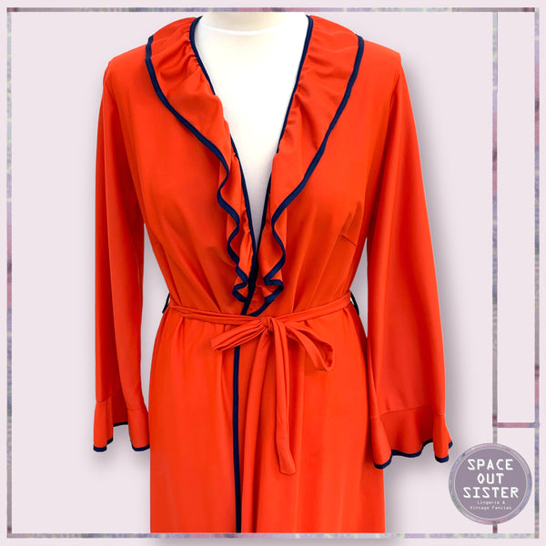 Circa 1970s Red Navy Ruffle Robe